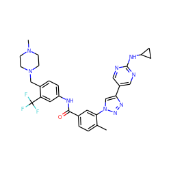 Cc1ccc(C(=O)Nc2ccc(CN3CCN(C)CC3)c(C(F)(F)F)c2)cc1-n1cc(-c2cnc(NC3CC3)nc2)nn1 ZINC000095579292