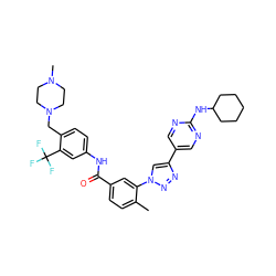 Cc1ccc(C(=O)Nc2ccc(CN3CCN(C)CC3)c(C(F)(F)F)c2)cc1-n1cc(-c2cnc(NC3CCCCC3)nc2)nn1 ZINC000095575204