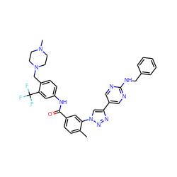 Cc1ccc(C(=O)Nc2ccc(CN3CCN(C)CC3)c(C(F)(F)F)c2)cc1-n1cc(-c2cnc(NCc3ccccc3)nc2)nn1 ZINC000095572111