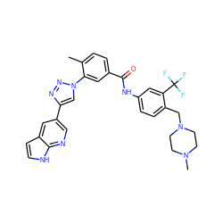 Cc1ccc(C(=O)Nc2ccc(CN3CCN(C)CC3)c(C(F)(F)F)c2)cc1-n1cc(-c2cnc3[nH]ccc3c2)nn1 ZINC000095579745