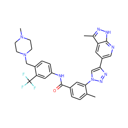 Cc1ccc(C(=O)Nc2ccc(CN3CCN(C)CC3)c(C(F)(F)F)c2)cc1-n1cc(-c2cnc3[nH]nc(C)c3c2)nn1 ZINC000095574618