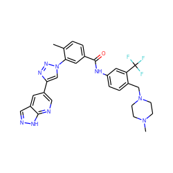 Cc1ccc(C(=O)Nc2ccc(CN3CCN(C)CC3)c(C(F)(F)F)c2)cc1-n1cc(-c2cnc3[nH]ncc3c2)nn1 ZINC000095575744