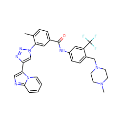 Cc1ccc(C(=O)Nc2ccc(CN3CCN(C)CC3)c(C(F)(F)F)c2)cc1-n1cc(-c2cnc3ccccn23)nn1 ZINC000095578490