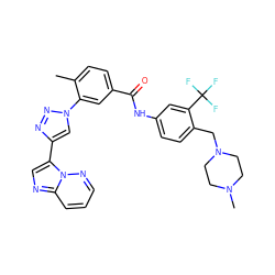 Cc1ccc(C(=O)Nc2ccc(CN3CCN(C)CC3)c(C(F)(F)F)c2)cc1-n1cc(-c2cnc3cccnn23)nn1 ZINC000095580303