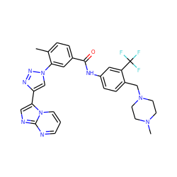 Cc1ccc(C(=O)Nc2ccc(CN3CCN(C)CC3)c(C(F)(F)F)c2)cc1-n1cc(-c2cnc3ncccn23)nn1 ZINC000095575665