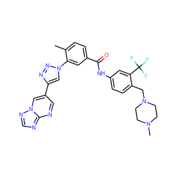 Cc1ccc(C(=O)Nc2ccc(CN3CCN(C)CC3)c(C(F)(F)F)c2)cc1-n1cc(-c2cnc3ncnn3c2)nn1 ZINC000095578762