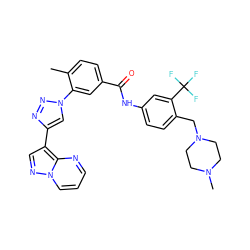 Cc1ccc(C(=O)Nc2ccc(CN3CCN(C)CC3)c(C(F)(F)F)c2)cc1-n1cc(-c2cnn3cccnc23)nn1 ZINC000095577564