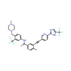 Cc1ccc(C(=O)Nc2ccc(CN3CCN(C)CC3)c(C(F)(F)F)c2)cc1C#Cc1ccc(-c2ncc(C(F)(F)F)[nH]2)nc1 ZINC000145805821