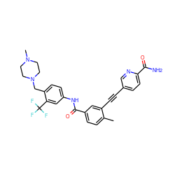 Cc1ccc(C(=O)Nc2ccc(CN3CCN(C)CC3)c(C(F)(F)F)c2)cc1C#Cc1ccc(C(N)=O)nc1 ZINC000071294367