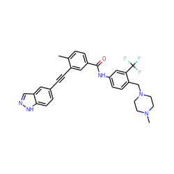 Cc1ccc(C(=O)Nc2ccc(CN3CCN(C)CC3)c(C(F)(F)F)c2)cc1C#Cc1ccc2[nH]ncc2c1 ZINC000095594908