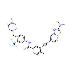 Cc1ccc(C(=O)Nc2ccc(CN3CCN(C)CC3)c(C(F)(F)F)c2)cc1C#Cc1ccn2nc(N(C)C)nc2c1 ZINC000145798151