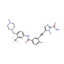 Cc1ccc(C(=O)Nc2ccc(CN3CCN(C)CC3)c(C(F)(F)F)c2)cc1C#Cc1cnc(C(N)=O)n1C ZINC000071295739