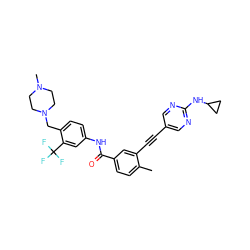 Cc1ccc(C(=O)Nc2ccc(CN3CCN(C)CC3)c(C(F)(F)F)c2)cc1C#Cc1cnc(NC2CC2)nc1 ZINC000071281779