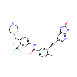 Cc1ccc(C(=O)Nc2ccc(CN3CCN(C)CC3)c(C(F)(F)F)c2)cc1C#Cc1cnc2[nH]c(=O)[nH]c2c1 ZINC000053299143