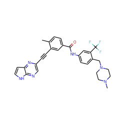 Cc1ccc(C(=O)Nc2ccc(CN3CCN(C)CC3)c(C(F)(F)F)c2)cc1C#Cc1cnc2[nH]ccc2n1 ZINC000145806722