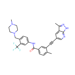 Cc1ccc(C(=O)Nc2ccc(CN3CCN(C)CC3)c(C(F)(F)F)c2)cc1C#Cc1cnc2[nH]nc(C)c2c1 ZINC000095593100