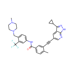 Cc1ccc(C(=O)Nc2ccc(CN3CCN(C)CC3)c(C(F)(F)F)c2)cc1C#Cc1cnc2[nH]nc(C3CC3)c2c1 ZINC000095593571