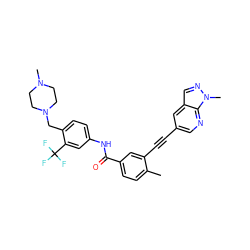 Cc1ccc(C(=O)Nc2ccc(CN3CCN(C)CC3)c(C(F)(F)F)c2)cc1C#Cc1cnc2c(cnn2C)c1 ZINC000095594059