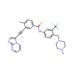 Cc1ccc(C(=O)Nc2ccc(CN3CCN(C)CC3)c(C(F)(F)F)c2)cc1C#Cc1cnc2ncccn12 ZINC000053298122