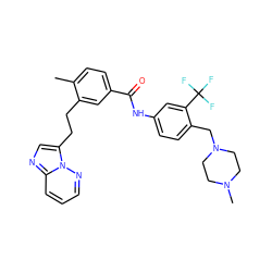 Cc1ccc(C(=O)Nc2ccc(CN3CCN(C)CC3)c(C(F)(F)F)c2)cc1CCc1cnc2cccnn12 ZINC000053314440