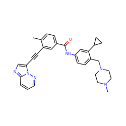 Cc1ccc(C(=O)Nc2ccc(CN3CCN(C)CC3)c(C3CC3)c2)cc1C#Cc1cnc2cccnn12 ZINC000053313416