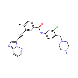 Cc1ccc(C(=O)Nc2ccc(CN3CCN(C)CC3)c(Cl)c2)cc1C#Cc1cnc2cccnn12 ZINC000053243704