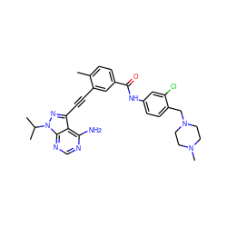 Cc1ccc(C(=O)Nc2ccc(CN3CCN(C)CC3)c(Cl)c2)cc1C#Cc1nn(C(C)C)c2ncnc(N)c12 ZINC000299850170