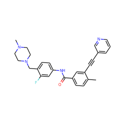 Cc1ccc(C(=O)Nc2ccc(CN3CCN(C)CC3)c(F)c2)cc1C#Cc1cccnc1 ZINC001772644348