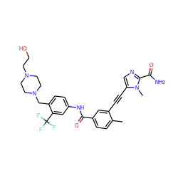 Cc1ccc(C(=O)Nc2ccc(CN3CCN(CCO)CC3)c(C(F)(F)F)c2)cc1C#Cc1cnc(C(N)=O)n1C ZINC000058649382