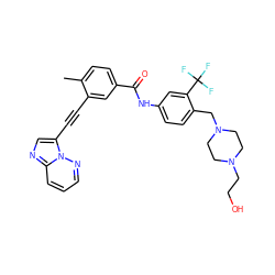 Cc1ccc(C(=O)Nc2ccc(CN3CCN(CCO)CC3)c(C(F)(F)F)c2)cc1C#Cc1cnc2cccnn12 ZINC000053298761