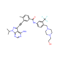 Cc1ccc(C(=O)Nc2ccc(CN3CCN(CCO)CC3)c(C(F)(F)F)c2)cc1C#Cc1nn(C(C)C)c2ncnc(N)c12 ZINC000299852799