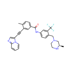 Cc1ccc(C(=O)Nc2ccc(CN3CCN[C@H](C)C3)c(C(F)(F)F)c2)cc1C#Cc1cnc2ccccn12 ZINC000053229149