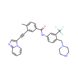 Cc1ccc(C(=O)Nc2ccc(CN3CCNCC3)c(C(F)(F)F)c2)cc1C#Cc1cnc2ccccn12 ZINC000053293906