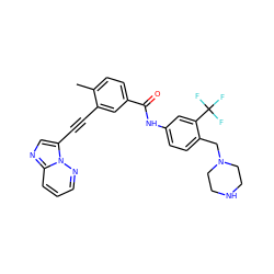 Cc1ccc(C(=O)Nc2ccc(CN3CCNCC3)c(C(F)(F)F)c2)cc1C#Cc1cnc2cccnn12 ZINC000053297577