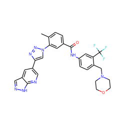 Cc1ccc(C(=O)Nc2ccc(CN3CCOCC3)c(C(F)(F)F)c2)cc1-n1cc(-c2cnc3[nH]ncc3c2)nn1 ZINC000095579659