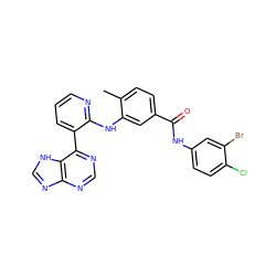 Cc1ccc(C(=O)Nc2ccc(Cl)c(Br)c2)cc1Nc1ncccc1-c1ncnc2nc[nH]c12 ZINC000215327874