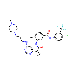 Cc1ccc(C(=O)Nc2ccc(Cl)c(C(F)(F)F)c2)cc1NC(=O)C1(c2cc(NCCCN3CCN(C)CC3)ncn2)CC1 ZINC001772634735