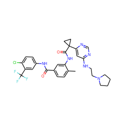 Cc1ccc(C(=O)Nc2ccc(Cl)c(C(F)(F)F)c2)cc1NC(=O)C1(c2cc(NCCN3CCCC3)ncn2)CC1 ZINC001772623476