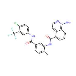 Cc1ccc(C(=O)Nc2ccc(Cl)c(C(F)(F)F)c2)cc1NC(=O)c1cccc2c(N)nccc12 ZINC001772596110