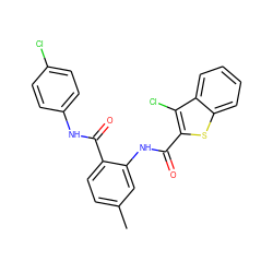 Cc1ccc(C(=O)Nc2ccc(Cl)cc2)c(NC(=O)c2sc3ccccc3c2Cl)c1 ZINC000013487492