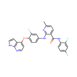 Cc1ccc(C(=O)Nc2ccc(F)cc2F)c(Nc2ccc(Oc3ccnc4[nH]ccc34)c(F)c2)n1 ZINC000049088001