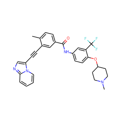 Cc1ccc(C(=O)Nc2ccc(OC3CCN(C)CC3)c(C(F)(F)F)c2)cc1C#Cc1cnc2ccccn12 ZINC000053294497