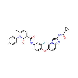 Cc1ccc(C(=O)Nc2ccc(Oc3ccc4nc(NC(=O)C5CC5)cn4c3)c(F)c2)c(=O)n1-c1ccccc1 ZINC000068152469