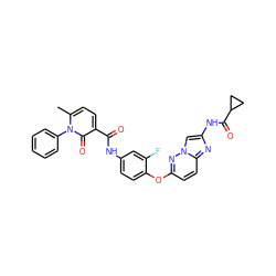 Cc1ccc(C(=O)Nc2ccc(Oc3ccc4nc(NC(=O)C5CC5)cn4n3)c(F)c2)c(=O)n1-c1ccccc1 ZINC000103256222