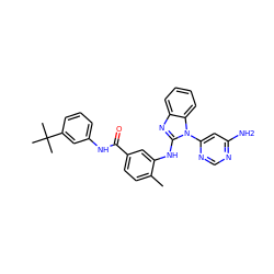 Cc1ccc(C(=O)Nc2cccc(C(C)(C)C)c2)cc1Nc1nc2ccccc2n1-c1cc(N)ncn1 ZINC000049111330