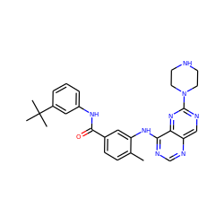 Cc1ccc(C(=O)Nc2cccc(C(C)(C)C)c2)cc1Nc1ncnc2cnc(N3CCNCC3)nc12 ZINC000148250802