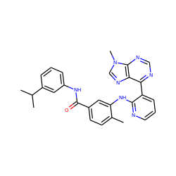 Cc1ccc(C(=O)Nc2cccc(C(C)C)c2)cc1Nc1ncccc1-c1ncnc2c1ncn2C ZINC000299821972