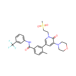 Cc1ccc(C(=O)Nc2cccc(C(F)(F)F)c2)cc1-c1cc(N2CCOCC2)c(=O)n(CCS(C)(=O)=O)c1 ZINC000225975955