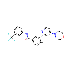 Cc1ccc(C(=O)Nc2cccc(C(F)(F)F)c2)cc1-c1cc(N2CCOCC2)ccn1 ZINC000220602645