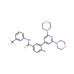 Cc1ccc(C(=O)Nc2cccc(C(F)(F)F)c2)cc1-c1cc(N2CCOCC2)nc(N2CCOCC2)c1 ZINC000220736211